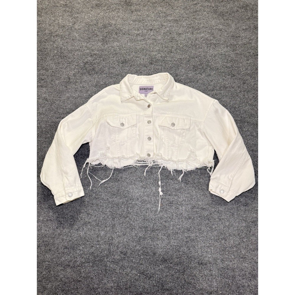 Signature 8 Cropped Denim Jacket Women's Size  M Raw Edge White Y2K